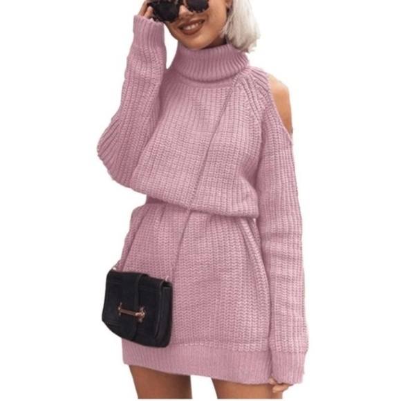Sweaters - Pink Cold Shoulder Turtle Neck Knit Sweater OS